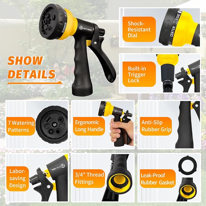 AUTOMAN-Garden-Hose-Nozzle, 2 Pack ABS Water Spray Nozzle with Heavy Duty 7 Adjustable Watering Patterns,Slip Resistant for Watering Plants,Lawn& Garden,Washing Cars,Cleaning,Showering Pets - Yellow