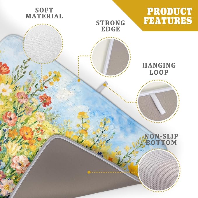 Spring Summer Floral Dish Drying Mat for Kitchen Counter 18x24 Green Yellow Blue Flower Wildflower Print Absorbent Reversible Microfiber Drying Mats Kitchen Countertop Protector Dishes Drainer Pad