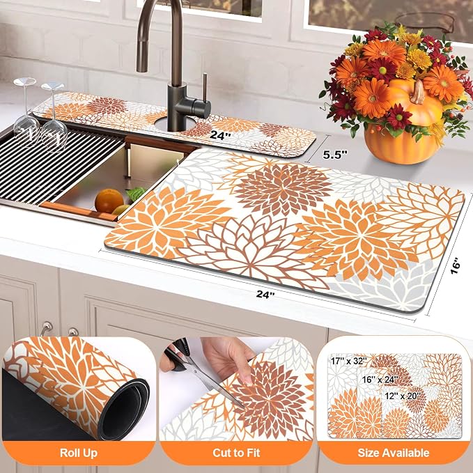 Findosom 2PCS 16" x 24" Fall Dish Drying Mat & 24" x 5.5" Sink Splash Guard, Super Absorbent & Cuttable Dish Mat Drying Kitchen Mat with Orange Floral, Hide Stain Drying Mat for Kitchen Counter