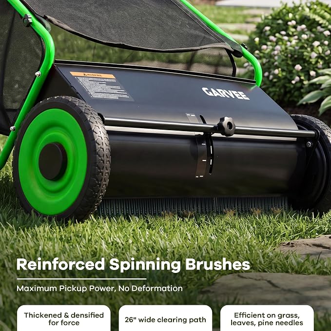 26-Inch Push Lawn Sweeper, Heavy Duty Leaf Sweeper with 4 Brushes & 7Cu.ft Bag, Adjustable Height Steel Frame Leaf,Manual Yard Sweeper for Collector for Yard, Lawn, Garden, Patio