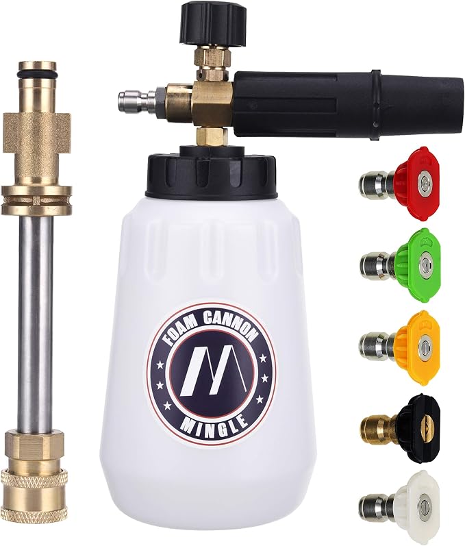 M MINGLE Foam Cannon, Compatible with Sun Joe SPX Series, 5 Nozzle Tips | 1L Adjustable Thick Foam Bottle, with 1/4’’ QC Connector, Cleans Cars, Motorcycles, Driveways and Windows, 3000 PSI