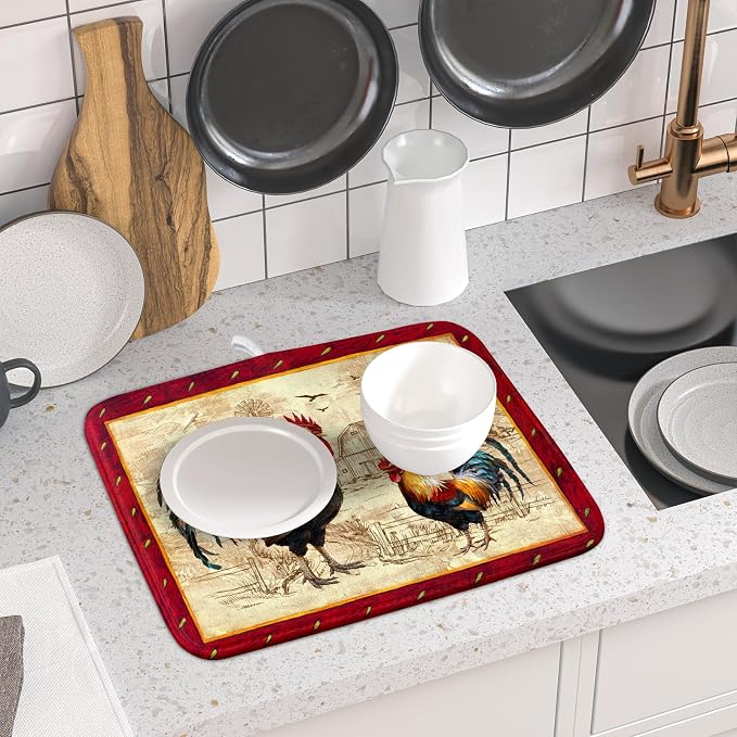 Farm Rooster Dish Drying Mat for Countertop 16x18 Inches Red Rustic Chicken Absorbent Microfiber Dry Dishes Pads Kitchen Counter Accessories