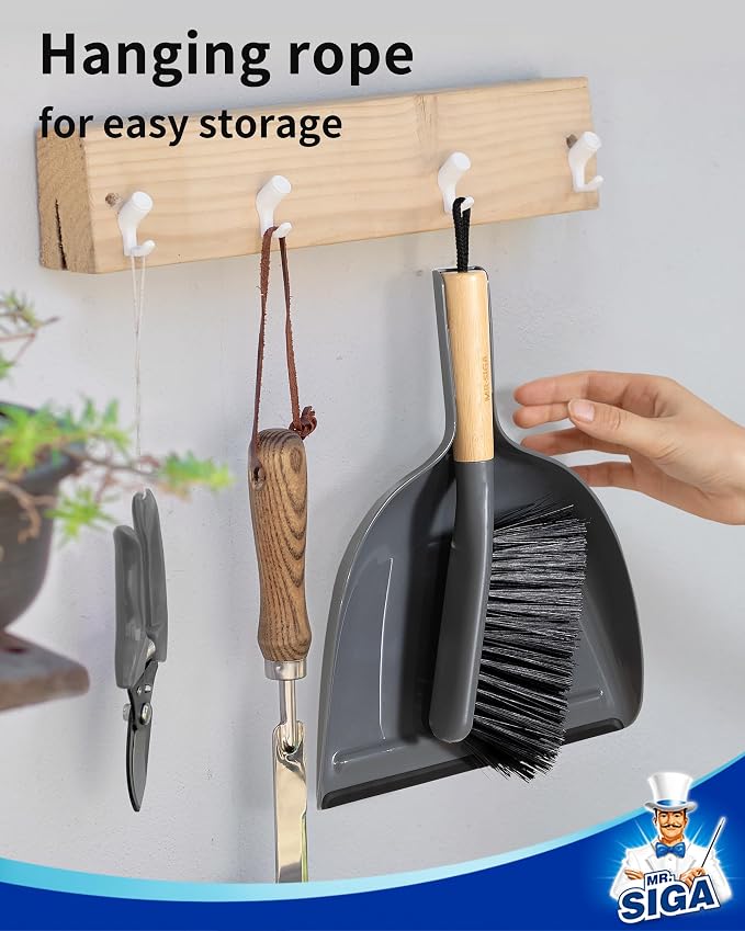 MR.SIGA Dustpan and Brush Set, Bamboo Handle, Gray, 1 Set | Handheld brush and dustpan combo with hanging loop, small broom and dustpan set