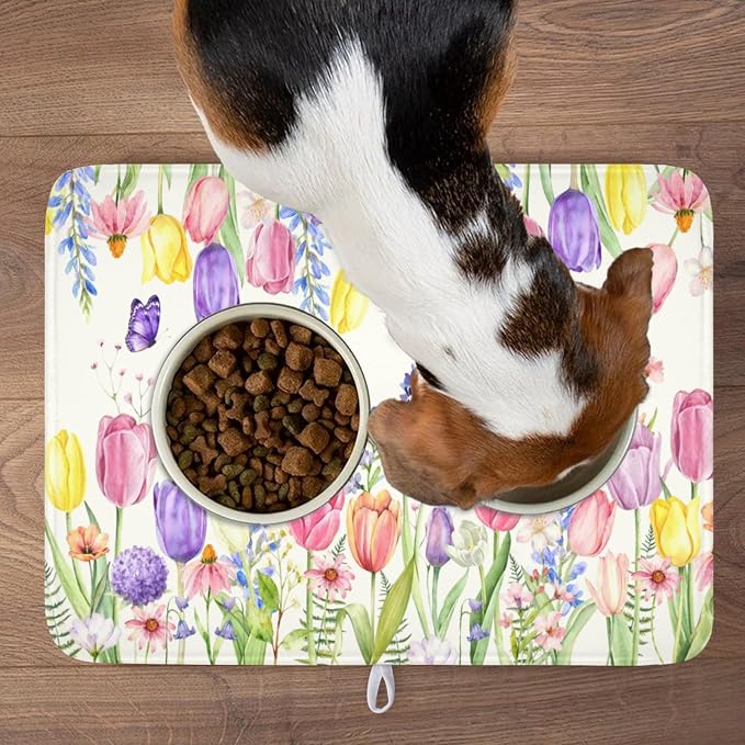 Spring Floral Dish Drying Mat for Kitchen Counter Easter Tulip Lavender Flower Microfiber Dish Drainer Mat Rustic Farmhouse Absorbent Washable Drying Pad Extra Large 18"x24"