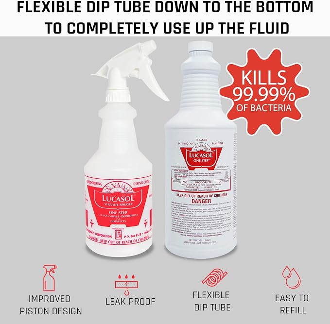 Lucasol One Step Disinfectant, 32 Fl Oz Disinfectant & 24 Oz Empty Refillable Spray Bottle Combo. Multi Purpose Cleaner Spray For Hospitals, Schools, Salons, Household Cleaning And More