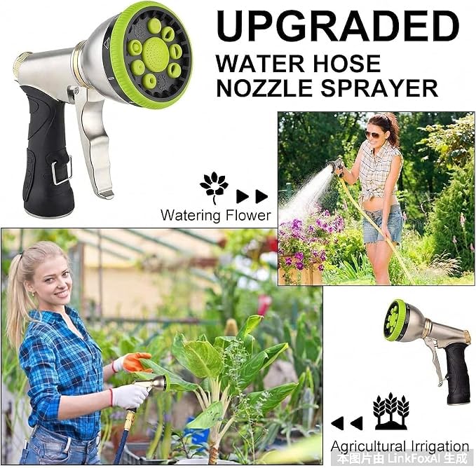 Garden Hose Nozzles,9 Spray Patterns Heavy Duty Metal Hose Sprayer Nozzle | Hose Nozzle Spray High Pressure Slip Resistant Water Sprayer for Plants & Lawns Watering,Car Washing and Pet Showering Green