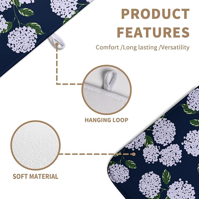 Navy Blue Hydrangea Dish Drying Mats Spring Summer Dish Mat Vintage Floral Drying Matt Dishes Dryer Pad for Kitchen Counter Absorbent Microfiber Washable Foldable Reusable 18x24 in