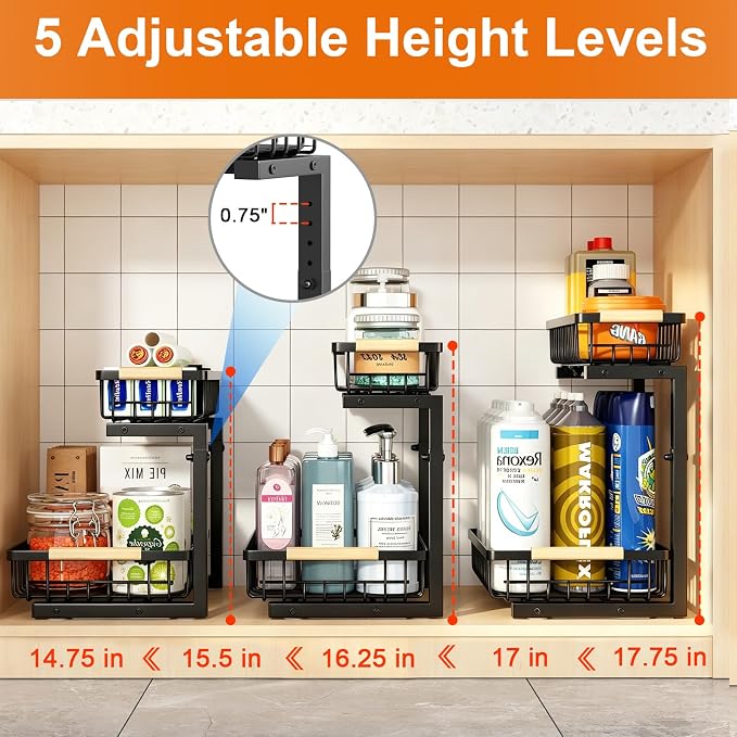 REALINN Under Sink Organizer, 2 Pack Height Adjustable Under Sink Organizers and Storage, 2 Tier Pull Out Drawer Cabinet Storage for Kitchen Bathroom