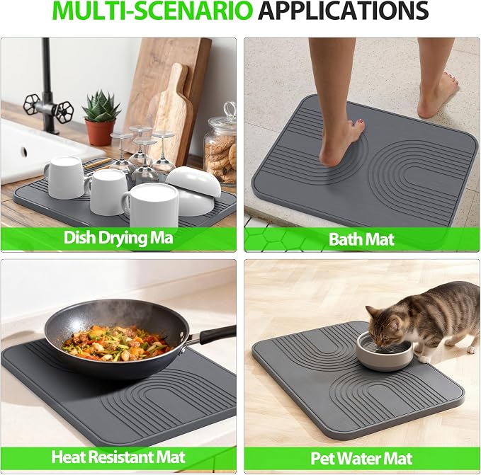 2 PCS Stone Dish Drying Mat ＆ Silicone Mat for Kitchen Counter – Diatomaceous Earth Bath Mat for Bathroom, 16.14"L×12.4"W×2 Quick Dry Mats for Dishes ,Bottles, Cups, Match Any Countertop(Gray)