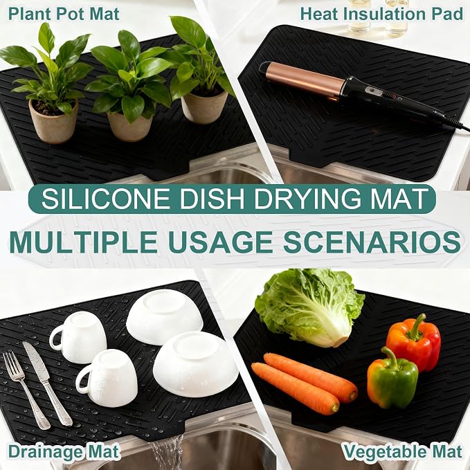 Silicone Dish Drying Mat 23x17,Food-Grade Silicone,Easy Clean Pad for Countertop Protection,Heat Resistant,Easy Clean,Non-Slip Drain Pad with Built-in Drain,Multi-Functional Use,Black