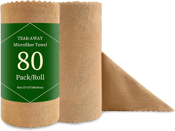 Jessy Home 80 Pack Microfiber Cleaning Cloth Roll Reusable Paper Towels 12"x12" Tear Away Cloth, Microfiber Towels for Cars, Wash Cloths, Lint Free Rags for House, Kitchen,Window,Cleaning Supplies