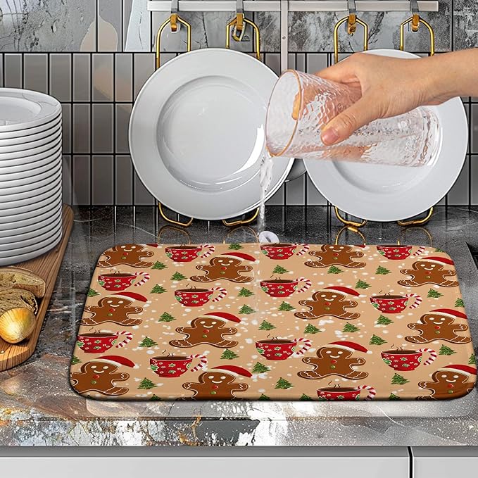 Christmas Gingerbread Man Dish Drying Mat for Kitchen Counter 16x18 Inch Winter Cute Candy Cane Hot Cocoa Xmas Tree Microfiber Drying Mats Orange Super Absorbent Dish Drainer Mats Washable Dish Pad