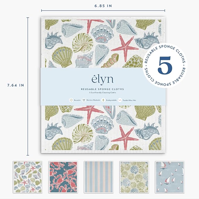 ELYN Swedish Dishcloths, Reusable & Washable Sponge Cloths, Absorbent Cleaning Paper Towels for Kitchen, Dishes, Counters and More, 5 Pack, Classic Coastal