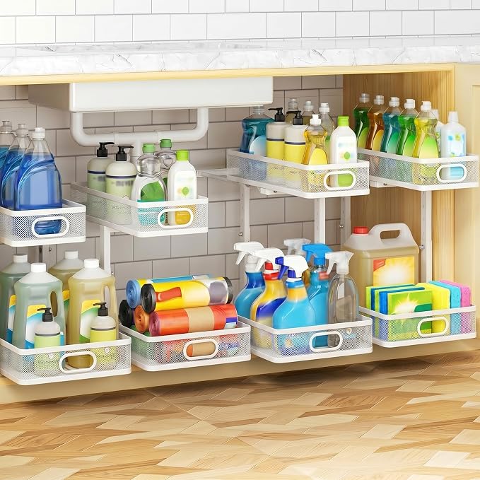 Under Sink Organizer 4-Pack, Metal 2-Tier Pull-Out Cabinet Shelf with Slide-Out Mesh Drawers, Height Adjustable, Space-Saving Storage Racks for Kitchen, Bathroom, Laundry Room, White
