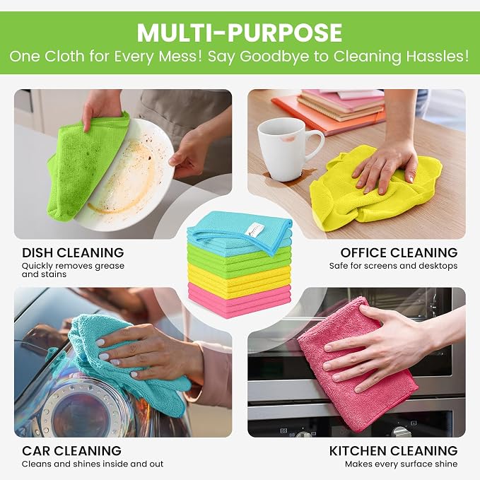 34 Pack Microfiber Cleaning Cloth, 4 Assorted Colors Cleaning Rags for Housekeeping, Colorful Reusable Microfiber Towels for Car, Kitchen, Bathroom and Household Cleaning Supplies, 11.8"X11.8"