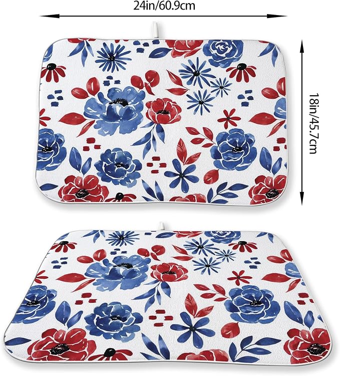 Red Blue Floral Dish Drying Mat 18x24 Inch Vintage 4th of July Drying Mat for Kitchen Counter Absorbent Patriotic Independence Day Memorial Day Flowers Dishes Dry Pad for Drainer Rack Kitchen Fast Dry