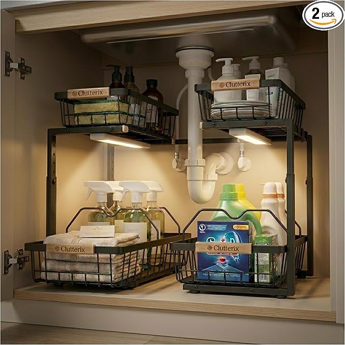 Under Sink Organizer with Motion-Activated LED Lights, 2 Pack, 2 Tier Sliding L-Shaped Carbon Steel Rack with Adjustable Height, Dividers & Hooks (Black)