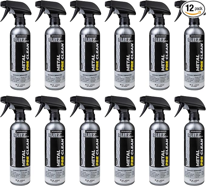 Flitz Metal Pre-Clean - 16oz of USA-Made Stainless Steel Cleaner Spray - Works on Aluminum, Brass, Copper, & More - Tarnish, Rust Remover for Metals - Non-Abrasive Aluminum Deoxidizer (12 Pack)