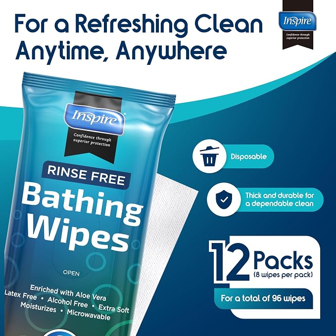 Body Wipes for adults bathing rinse free | Adult Wash Cloths Extra Large, Bathing Wipes for Incontinence With Aloe Vera, 8"x 8" In (96 count) | By Inspire