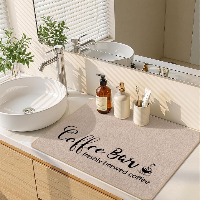 Findosom Dish Drying Mat, 18" x 24" Super Absorbent & Hide Stain Coffee Mat, Cuttable Drying Mat for Kitchen Counter, Coffee Bar Accessories, Under Dish Rack, Coffee Maker, Espresso Machine, Linen