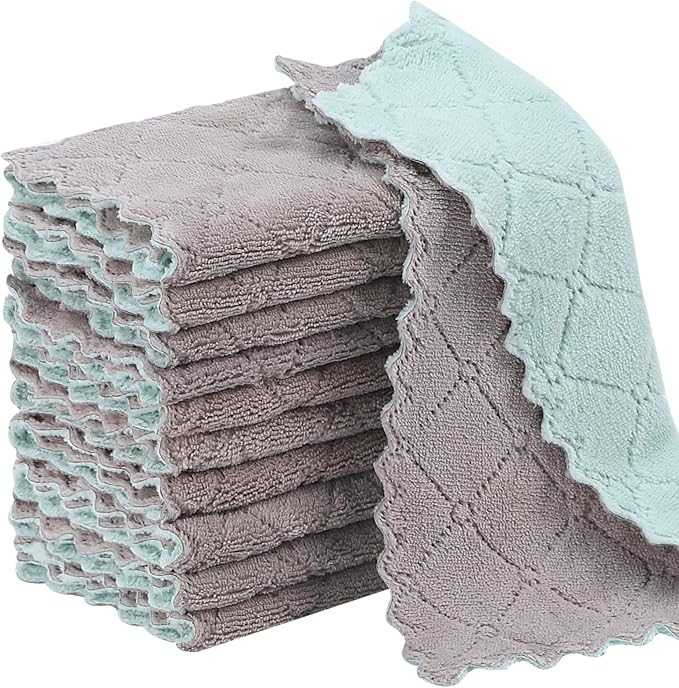 Rachan 11Pack Kitchen Dish Cloths, Reusable Dish Towels, Nonstick Oil Washable Fast Drying, Super Absorbent Coral Velvet Cleaning Cloths for Mom from Daughter Son(Green-grey10 x 6")