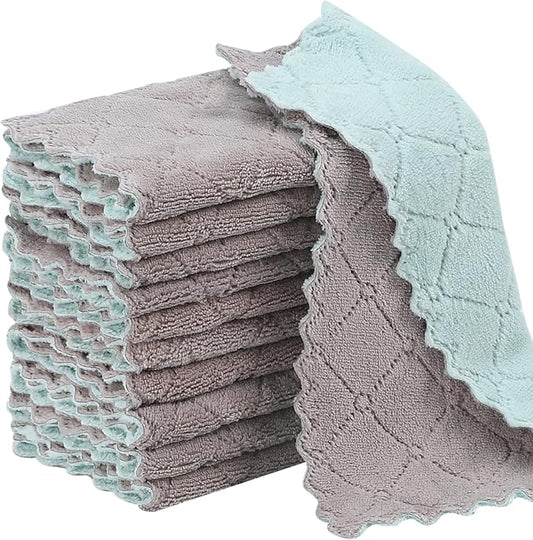 Rachan 11Pack Kitchen Dish Cloths, Reusable Dish Towels, Nonstick Oil Washable Fast Drying, Super Absorbent Coral Velvet Cleaning Cloths for Mom from Daughter Son(Green-grey10 x 6")