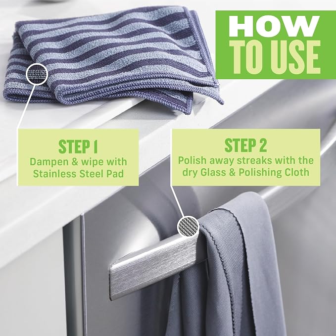 E-Cloth Stainless Steel Microfiber Cleaning Cloth Pack - Glass & Polishing + Stainless Steel Cleaner Cloth for Appliances, Cars & More, Reusable & Washable Microfiber Towels, Cleans with Water