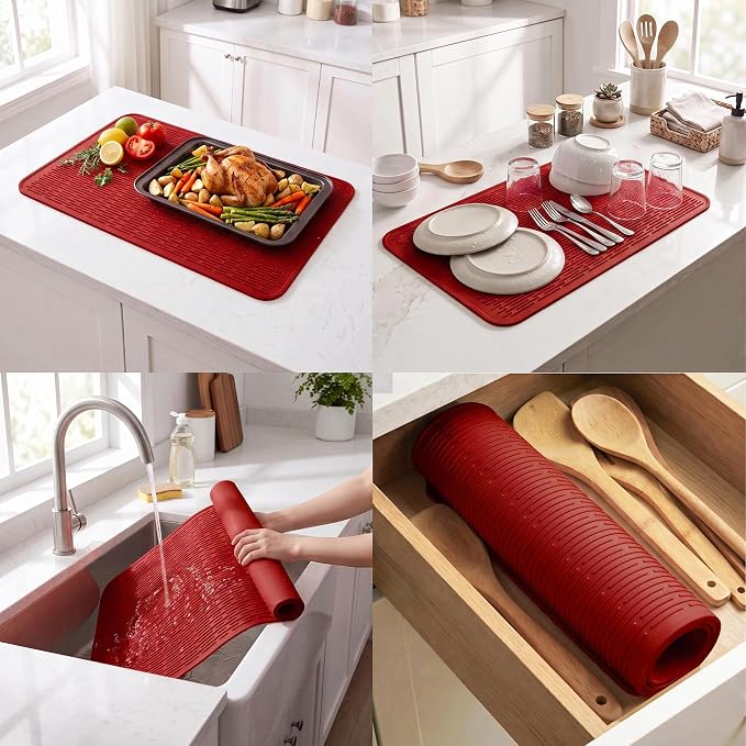 MicoYang Silicone Dish Drying Mat for Multiple Usage,Easy clean,Eco-friendly,Heat-resistant Silicone Mat for Kitchen Counter or Sink,Refrigerator or Drawer Liner Red 4XL 32 inches x 18 inches