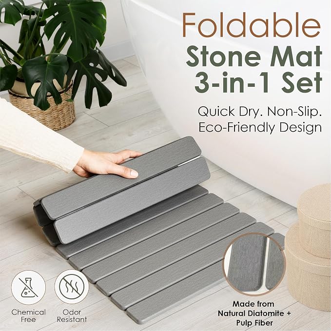 Large Stone Dish Drying Mat for Kitchen Counter, Foldable Quick Dry Stone Dish Mat, Diatomaceous Earth Water Absorbing Pad for Plate Utensils Rack Bottles, Any Countertop (Dark Gray 24"×16" & 2*8"x4")