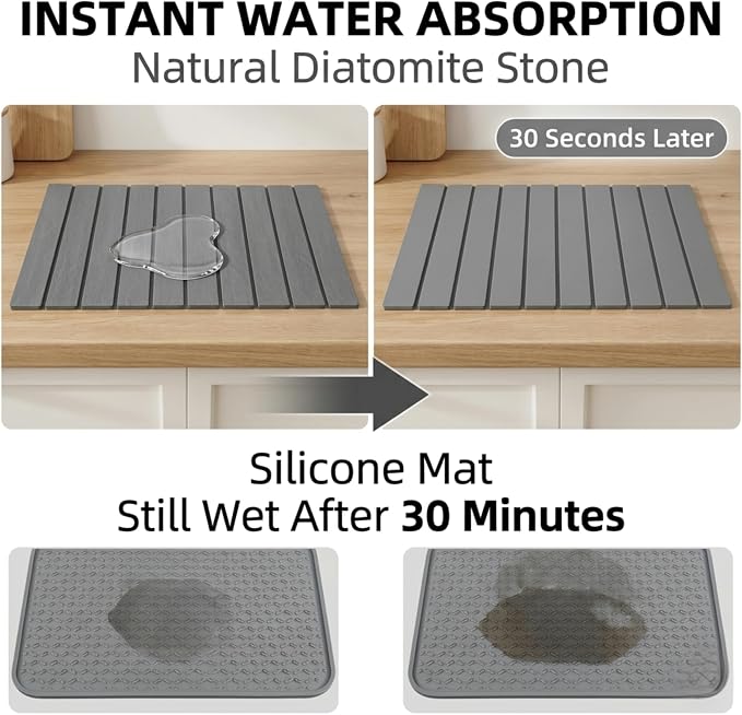 Stone Dish Drying Mat for Kitchen Counter – Large 24"×16" Instant-Dry Diatomaceous Earth Drying Mat, Foldable Quick-Dry Dish Drying Pad, Easy-Clean Kitchen Mat
