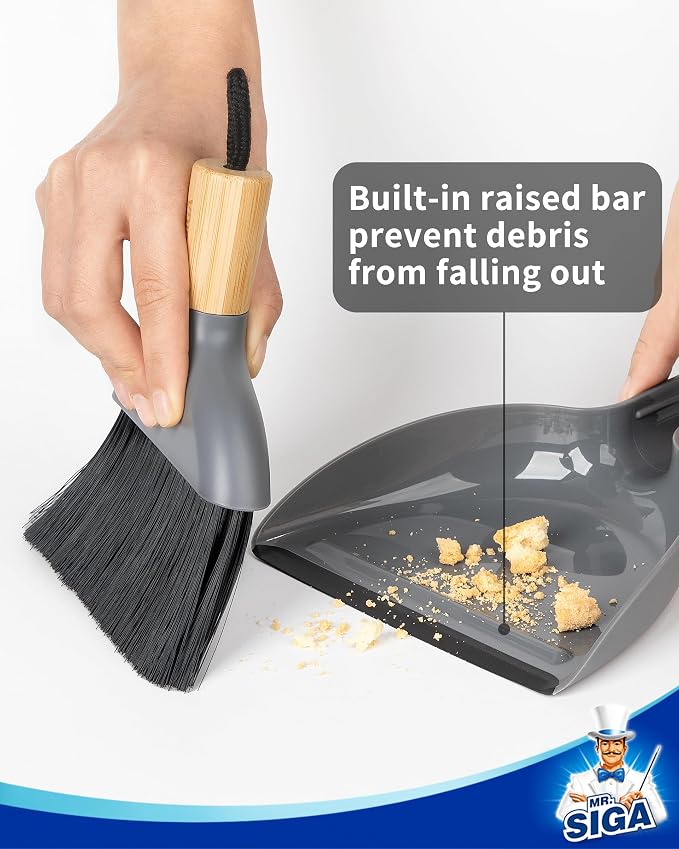 MR.SIGA Mini Dustpan and Brush Set, Bamboo Handle, Gray, 1 Set | Portable cleaning brush and dustpan combo, handheld brush and dustpan combo with hanging loop