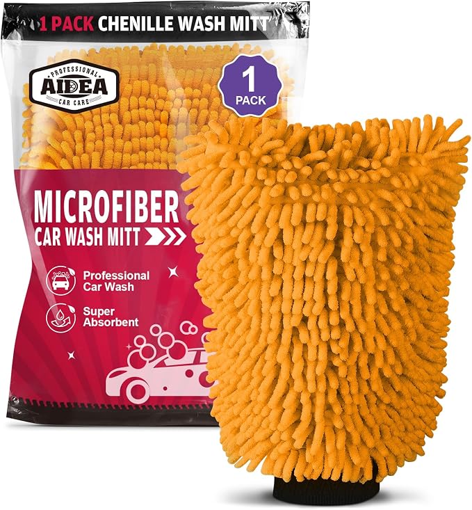 AIDEA Car Wash Mitt Microfiber, 1PK, Car Wash Brush, 7.12''X10.14'' | Scratch Free Lint-Free, Premium Chenille Microfiber Mitt, Regular Size, Orange