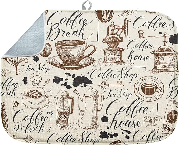 Sanwarm Absorbent Dish Drying Mat, Coffee House Microfiber Pad for Kitchen Counter, Coffee Bar Decor, Heat Resistant and Reversible, 18" x 24"