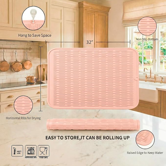 MicoYang Silicone Dish Drying Mat for Multiple Usage,Easy clean,Eco-friendly,Heat-resistant Silicone Mat for Kitchen Counter or Sink,Refrigerator or Drawer Liner Pink 4XL 32 inches x 18 inches