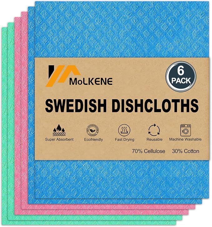 MoLKENE Swedish Dishcloths, Reusable Soft Kitchen Towels, Absorbent Sponge Cleaning Cloths, Washable Quick Drying, 6 Pack, Assorted