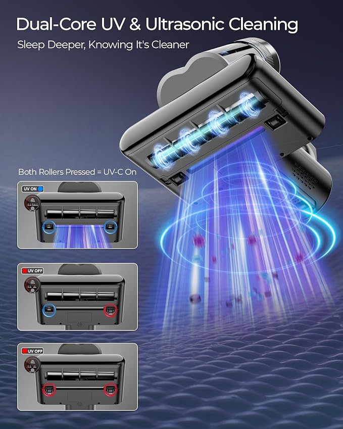 Teant Cordless Mattress Bed Vacuum, 18kPa Suction & LED Display, Model MV01 | Cordless 2-Speed Bed Vacuum, 33000RPM Roller Brush, 253.7nm UV-C, Ultrasonic, HEPA, 149°F Heat, Aroma, Anion for Bed Sofa