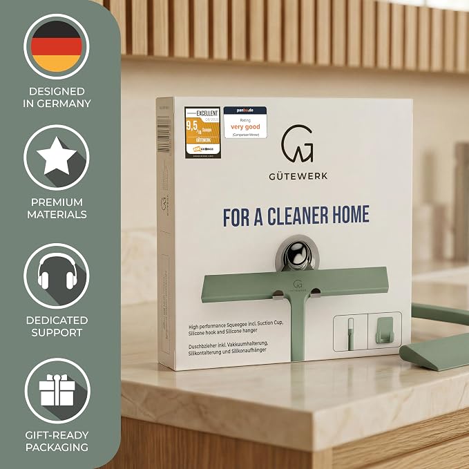 GÜTEWERK Silicone Shower Squeegee for Glass Doors & Mirrors with Stainless Steel Core, Streak-Free & No-Squeak Window Cleaning, 3-in-1 No-Drill Mount (Hook/Suction/Adhesive),Green, 9 Inches