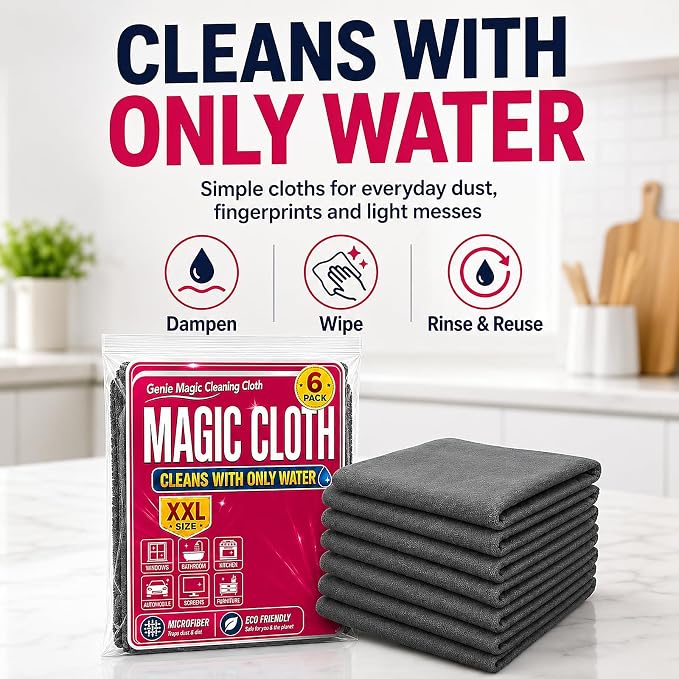 6Pcs XXL Genie Magic Cleaning Cloth, Microfiber Cleaning Cloths | Reusable, Lint-free and Streak-free Cloths for Mirrors, Windows, Kitchens, Bathrooms, Cars & Screens