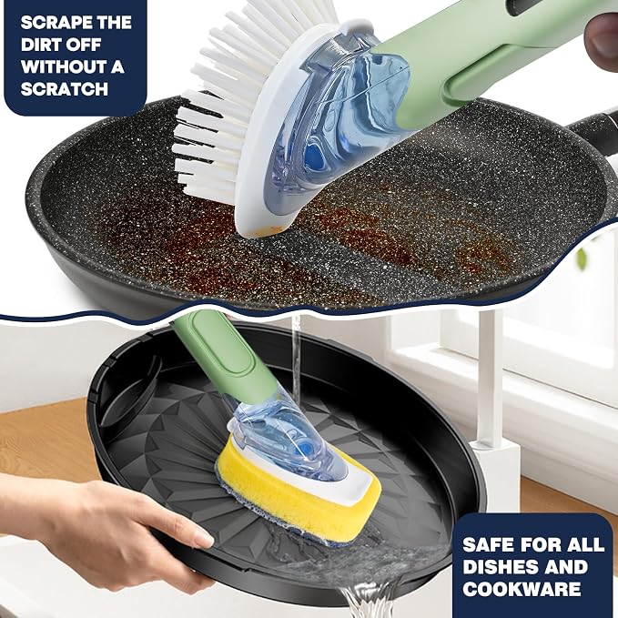 RIMAY Dish Brush Set with Soap Dispenser, 2 Refills and Storage Holder | Soap Dispensing Dish Brush dish scrubber with handle for Cleaning Dishes, Pans, Sink, Pots, Green