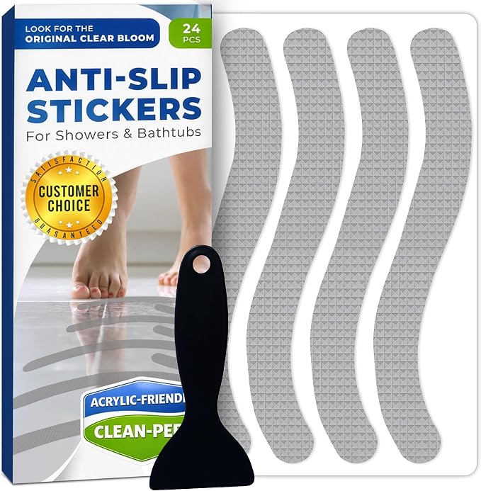 Clear Bloom Anti Slip Shower Stickers 24 PCS, Gray Non-Slip Shower Strips for Adults, Premium Adhesive Bath Tub Stickers
