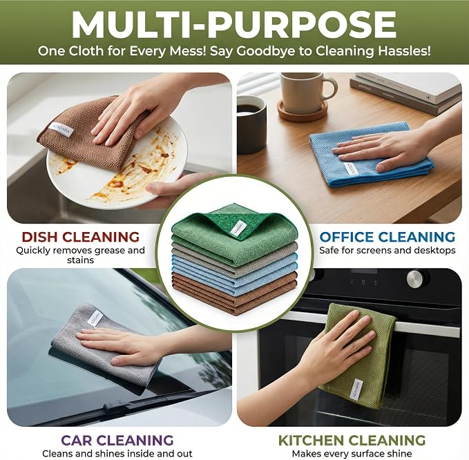 2-in-1 Scrub & Wipe Microfiber Cleaning Cloths – Non-Scratch Scrubbing Side + Soft Absorbent Side – Reusable Dual-Sided Cleaning Towels (6 Pack)