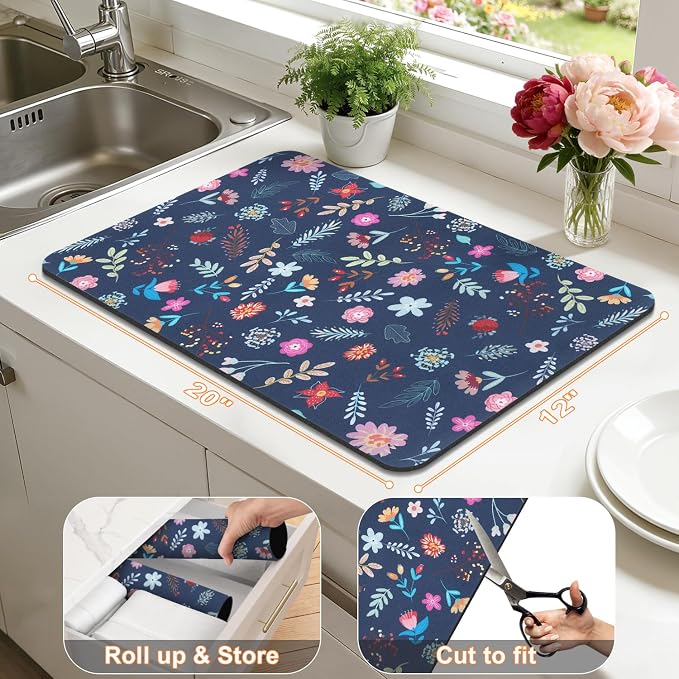 LOKHOM Dish Drying Mat for Kitchen Counter, 12"x20" Absorbent Vintage Diner Rack Mats with Colorful Floral Pattern for Coffee Maker, Coffee Pot, Dining Room Decoration