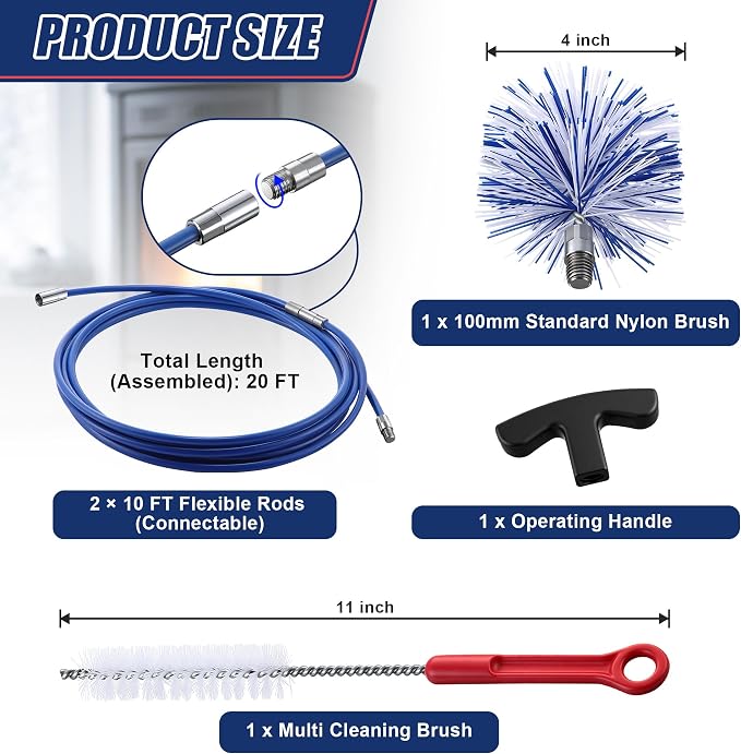 Dreyoo Pellet Stove Cleaning Brush Kit, 20 FT Flexible Steel Rod with 4" Brush Head, T Handle, Multi Purpose Flue Detail Cleaner, Nylon Stove Flue Pipe Kit for Pellet Furnace Exhaust Pipes