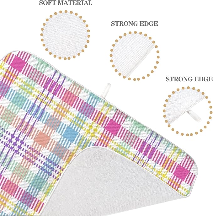 Easter Checkered Dish Drying Mat 18x24 Inch Colorful Buffalo Plaid Drying Mat Gingham Spring Holiday Absorbent Dish Drying Pad Dish Rack Drainer Mats for Kitchen Dining Counter