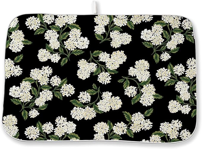 Black Dish Drying Mat 18x24 Inch Green Vintage Floral Hydrangea Flower Drying Mat Spring Summer Seasonal Absorbent Dish Drying Pad Dish Rack Drainer Mats for Kitchen Dining Counter