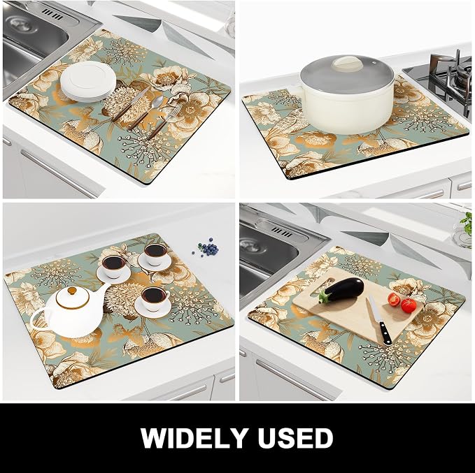 Rnivvi Dish Drying Mat for Kitchen Counter, 16 x 18" Cute Flower Theme Absorbent Heat Resistant Drying Pad with Non-slip Rubber, Coffee Bar Mats for Dish Rack Kitchen Decor Accessories, Green
