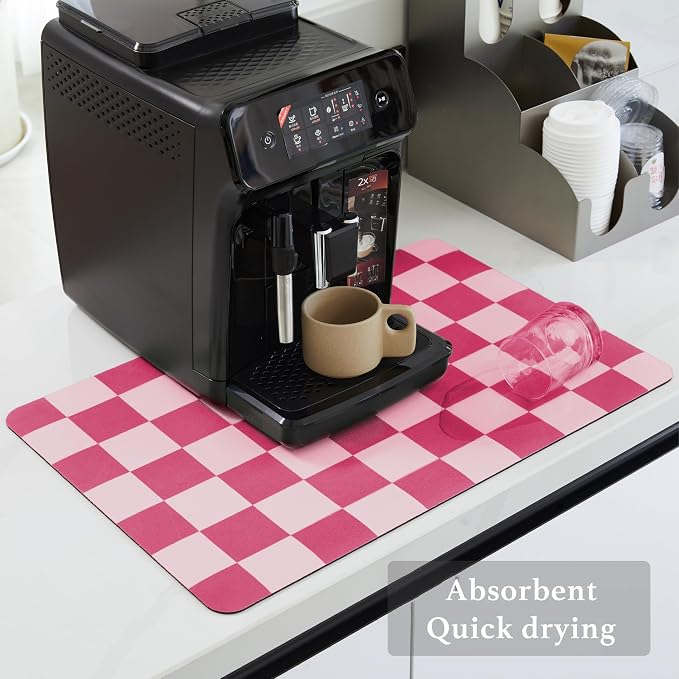 Ohocut Checkered Dish Drying Mat for Kitchen Counter, Coffee Bar Station Accessories, Retro Cute Girly Pink Aesthetic Modern Absorbent Drainer Mat Kitchen Drying Mat Easy Clean, Hot Pink 16" x 24"