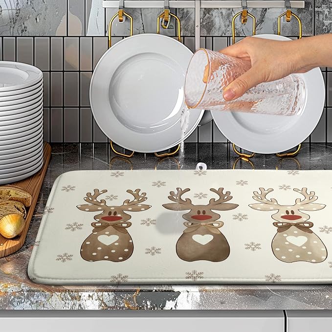 Christmas Reindeer Snowflakes Dish Drying Mat for Kitchen Counter 18x24 Inch Winter Xmas Holiday Drying Pads Microfiber Absorbent Dish Draining Mat Large Dish Drainer Rack Mat