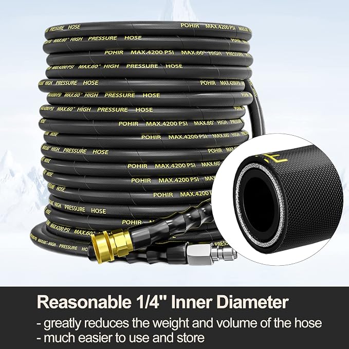 Pressure Washer Hose 70ft with 3/8" Quick Connector, High Tensile Wire Braided Kink Resistant 1/4 Inch Power Washer Hose 4200 PSI, 2pcs M22 14mm to 3/8" Adapter Set, Multi-Scene Use | POHIR 2pcs 3/8'' QC to M22 14mm Adapters, 4200PSI Power Washing Hose...