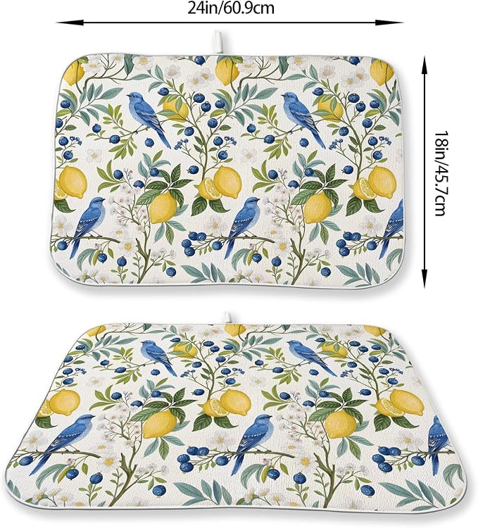 chinoiserie Navy Blue Green Bird Flower Dish Drying Mats 18x24 Inch Vintage Botanical Yellow Lemon Floral Decorative Kitchen Decor Drying Pad Rack Drainer Mats for Kitchen Dining Room Counter